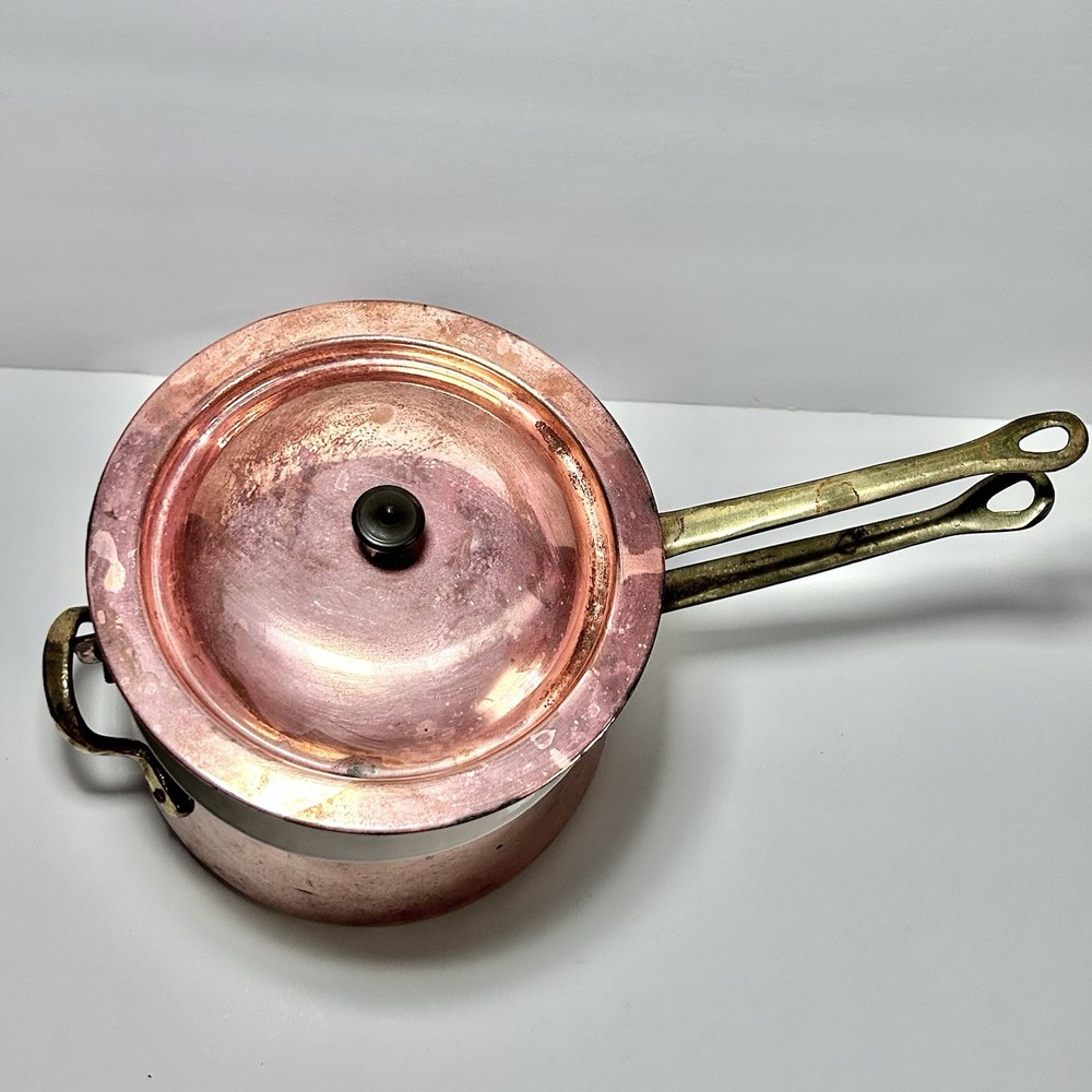 Vintage Taurus Portuguese Copper Double Boiler with Ceramic Insert Brass Handle - Picture 2 of 12